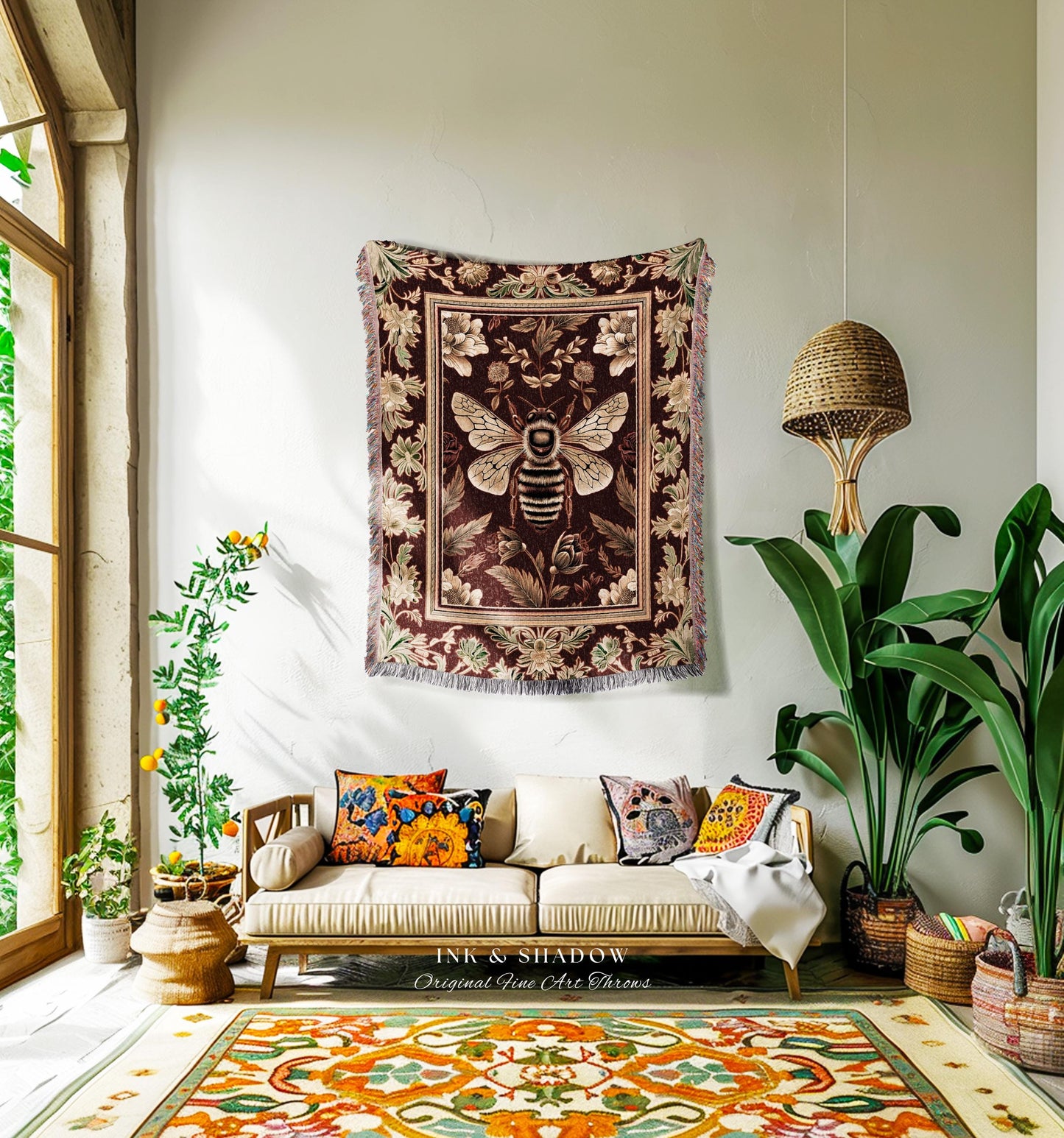 Regal Honeybee Tapestry Throw Baroque Inspired Vintage Floral Insect Art | Medieval Cottagecore Bee Garden Blanket Woodland Folklore Decor