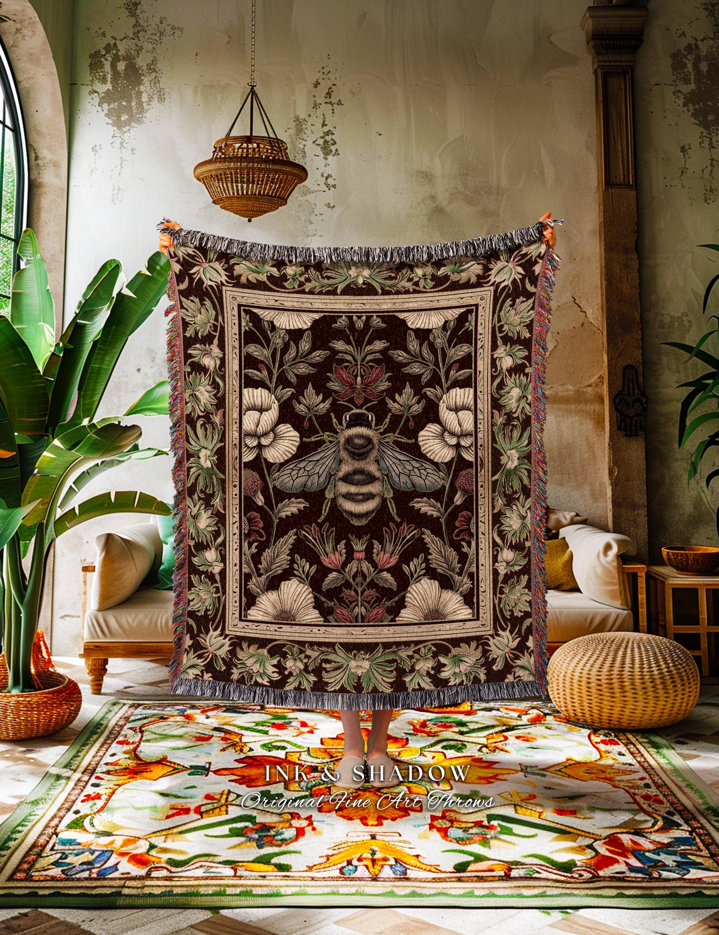 Victorian Gothic Honeybee Blanket Enchanted Floral Botanical Bee Art | Romantic Baroque Cottagecore Dark Academia Forestcore Insect Tapestry