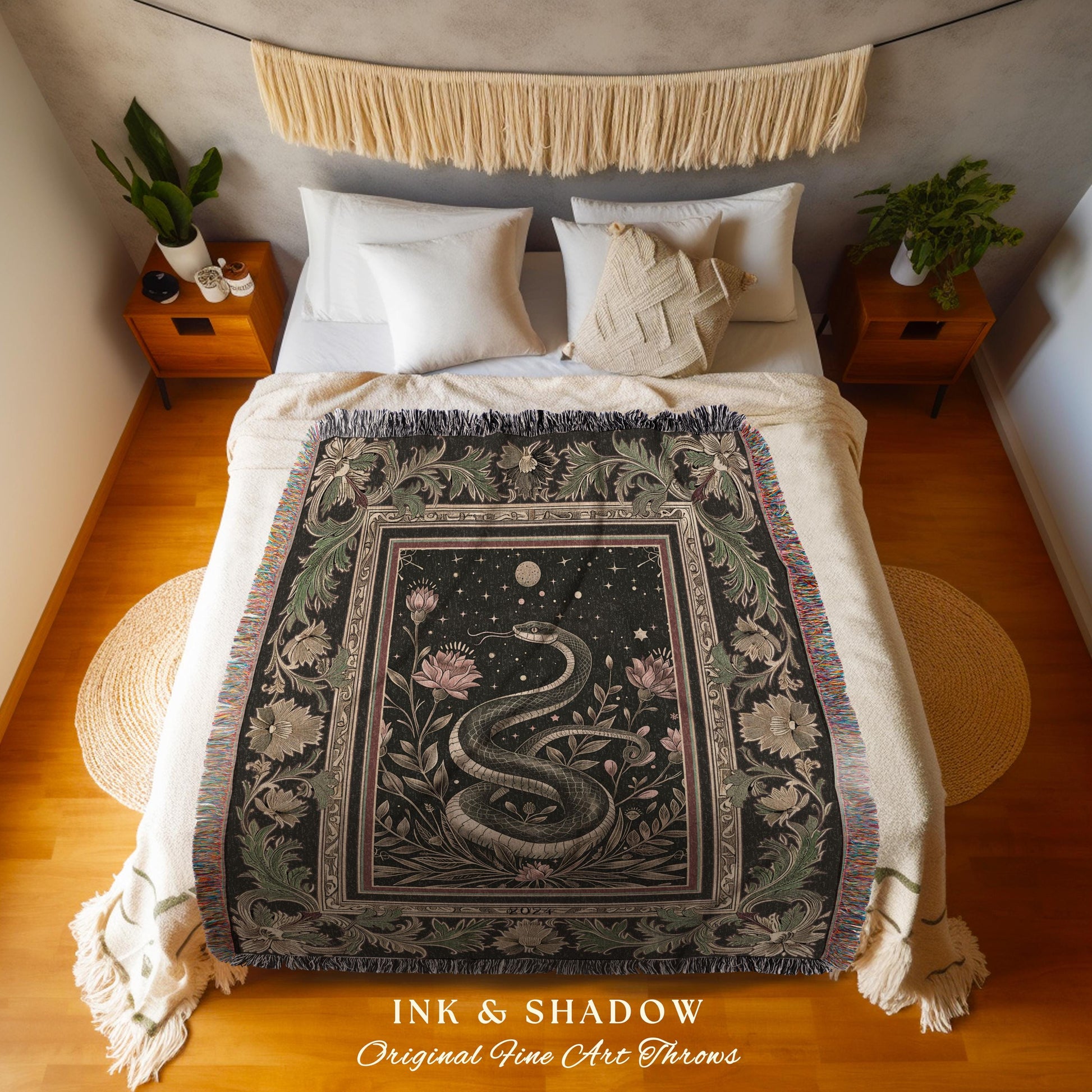 Celestial Serpent Woven Tapestry Throw Enchanted Floral Gothic Blanket | Mystical Moonlit Medieval Snake Art Dark Academia Vintage Baroque