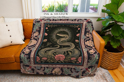 Victorian Rose Serpent Blanket Romantic Cottagecore Floral Throw, Enchanted Baroque Snake Art Dark Academia Gothic Pink Fairycore Goblincore