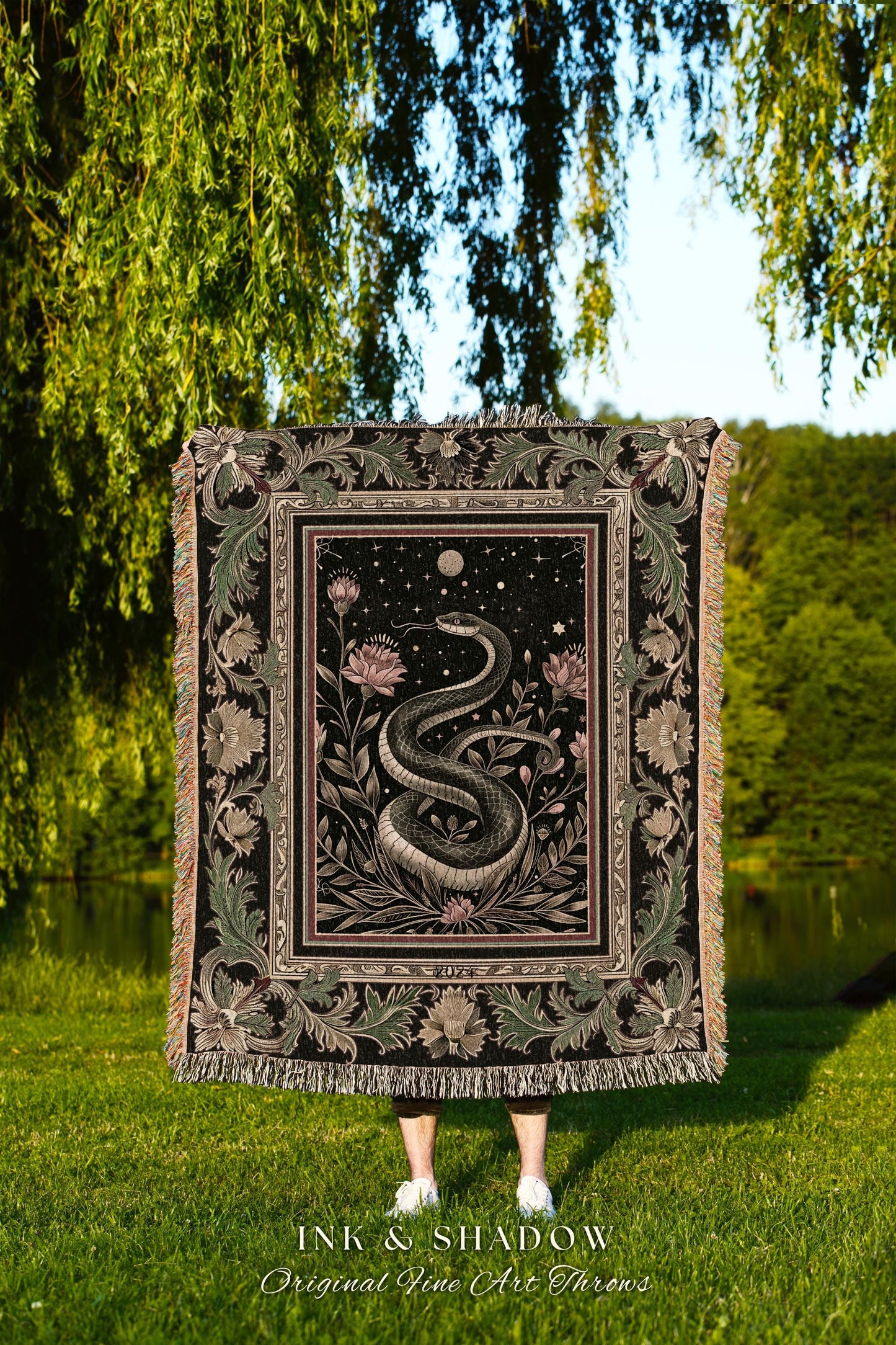 Celestial Serpent Woven Tapestry Throw Enchanted Floral Gothic Blanket | Mystical Moonlit Medieval Snake Art Dark Academia Vintage Baroque