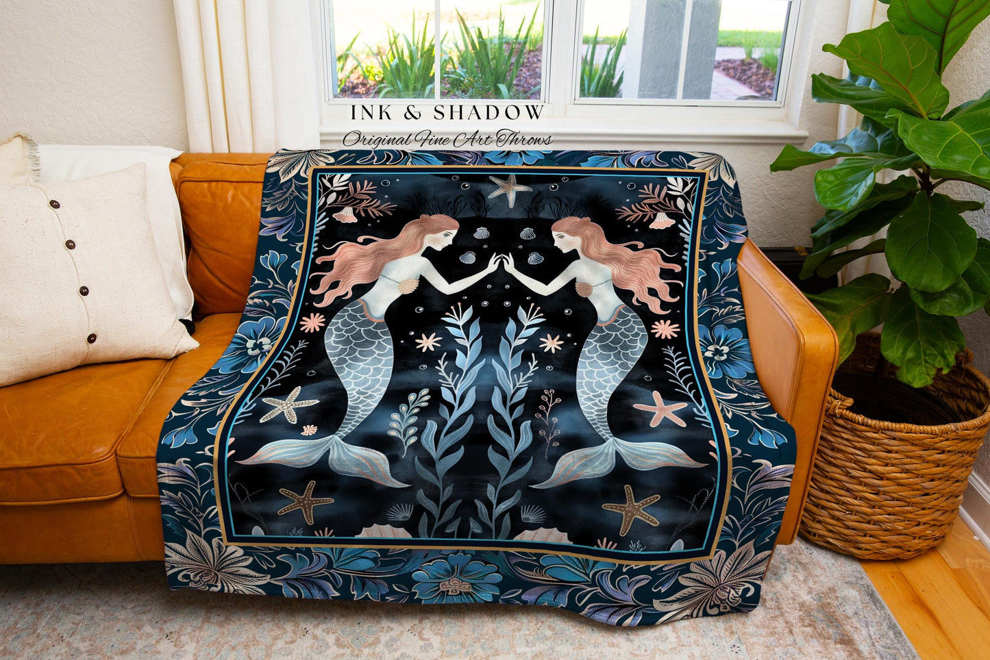 Mystical Midnight Blue Mermaid Blanket Floral Oceanic Tapestry Throw Art Nouveau Coastal Cottagecore Whimsical Sea Nymph Enchanted Nautical