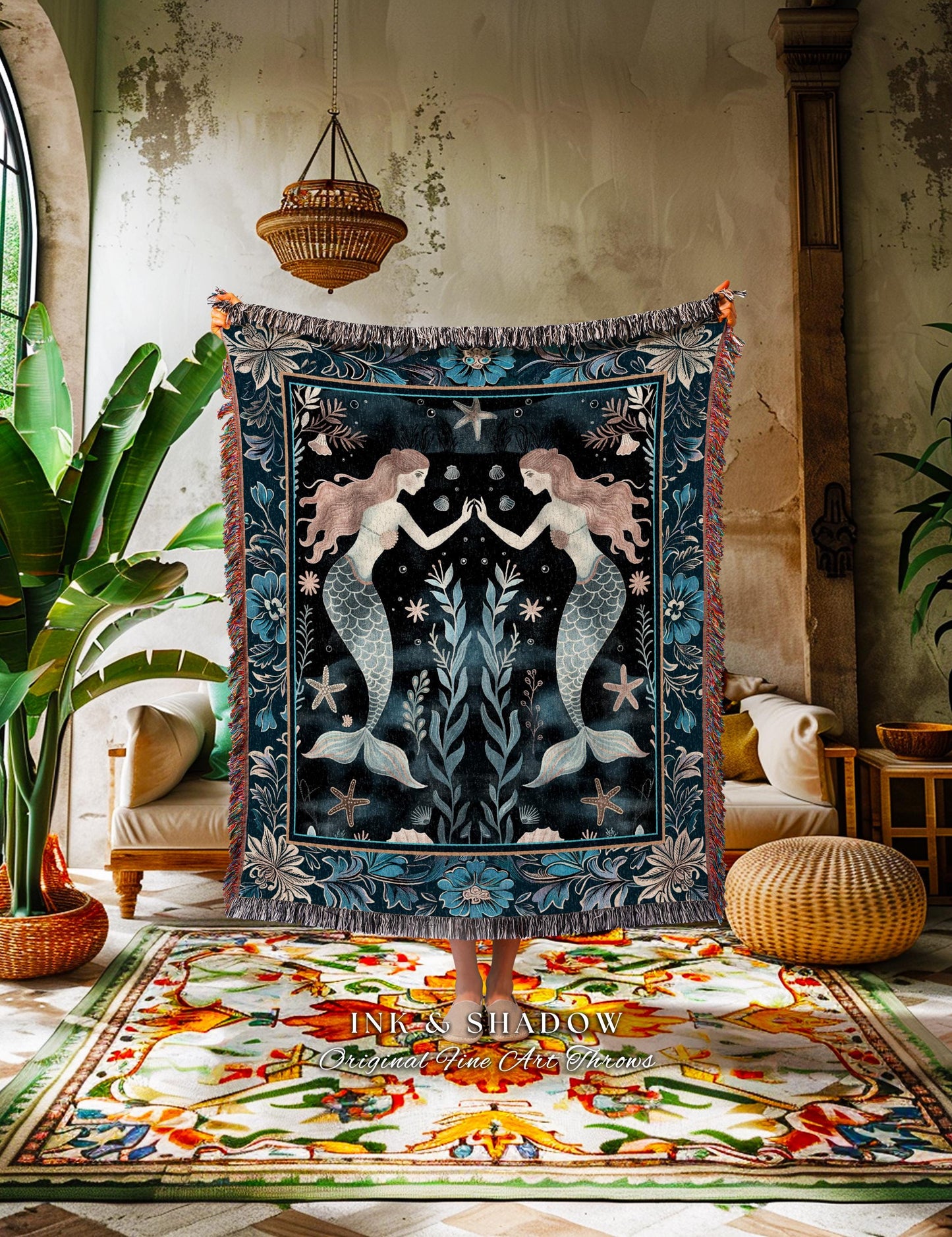 Mystical Midnight Blue Mermaid Blanket Floral Oceanic Tapestry Throw Art Nouveau Coastal Cottagecore Whimsical Sea Nymph Enchanted Nautical