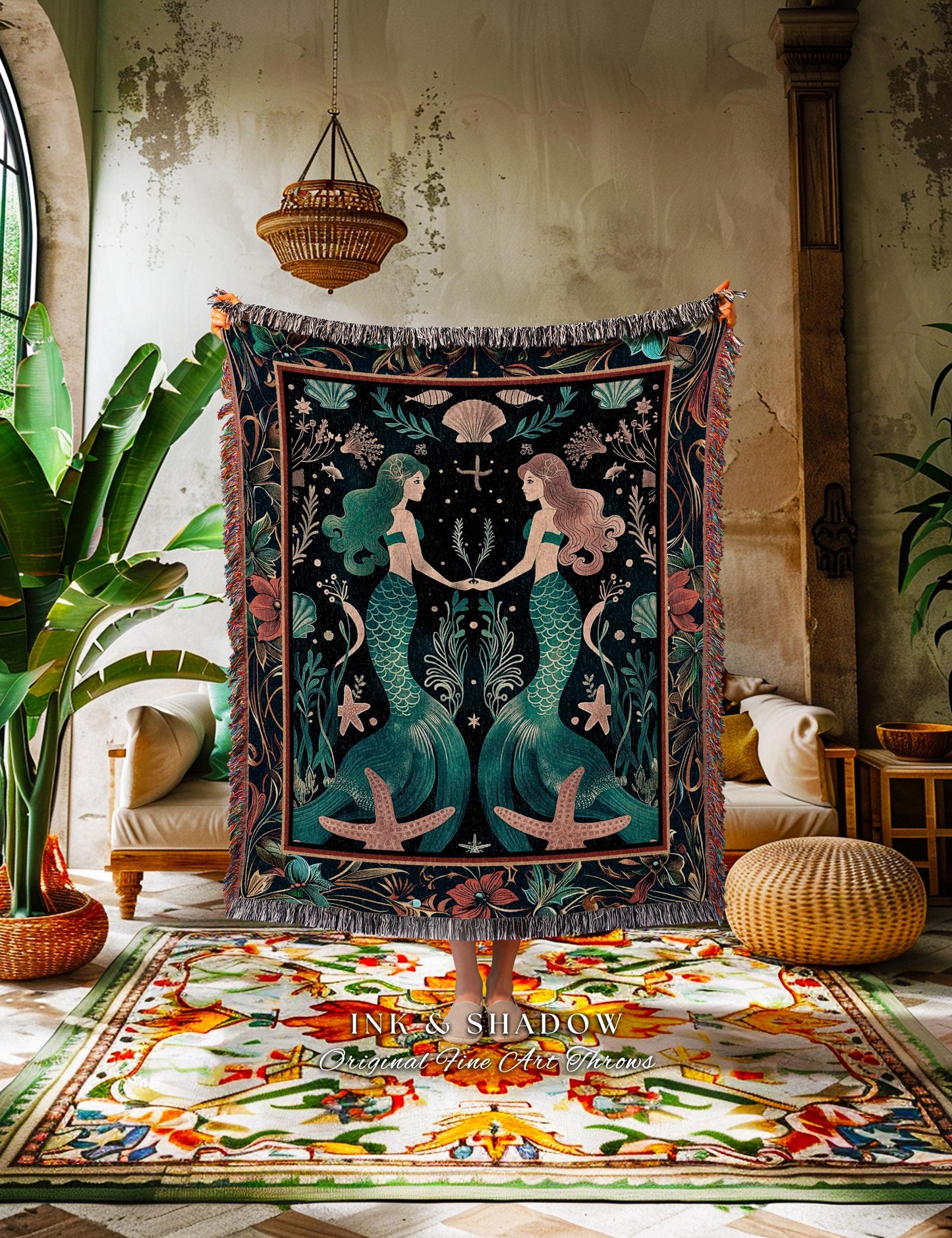 Ethereal Art Nouveau Sea Nymph Tapestry Throw Whimsical Dark Academia Coastal Blanket Mystical Mermaid Cottagecore Enchanted Ocean Folklore