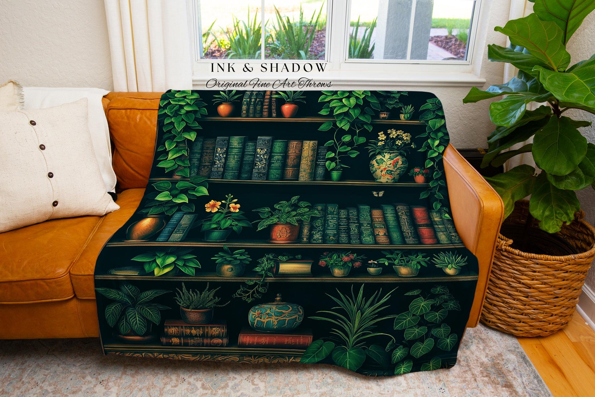 Book Lover Dark Botanical Tapestry Blanket Woven Throw Gothic Home Decor | Dark Academia Whimsigothic Book Nook Boho Decor Vintage Aesthetic