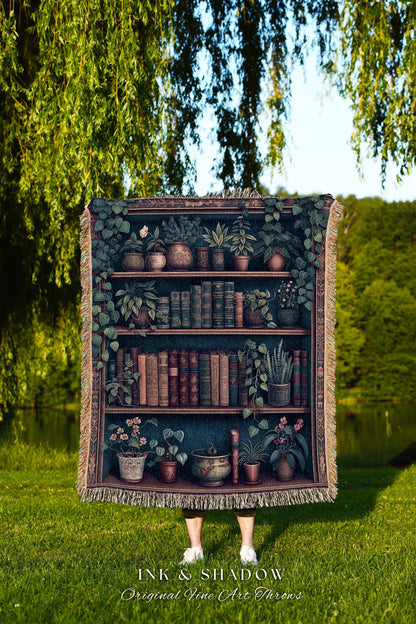 Cozy Vintage Book Lover Tapestry Blanket Bookshelf Dark Academia Aesthetic | Gothic Cottagecore Reading Nook Literary Gifts for Bookworms