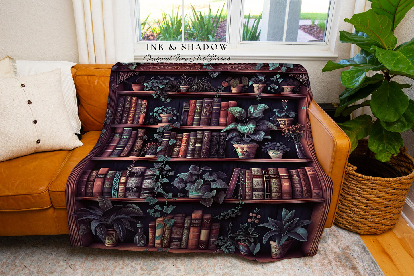 Retro Victorian Gothic Bookshelf Botanical Tapestry Blanket Dark Academia | Cozy Literary Gift Vintage Book Lover Throw Classic Reading Nook