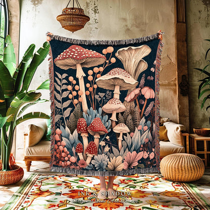 Magical Mushroom Aesthetic Tapestry | Eclectic Blanket Gift for Mushroom Lover Whimsical Retro Style Reading Nook Aesthetic Witchy Aesthetic