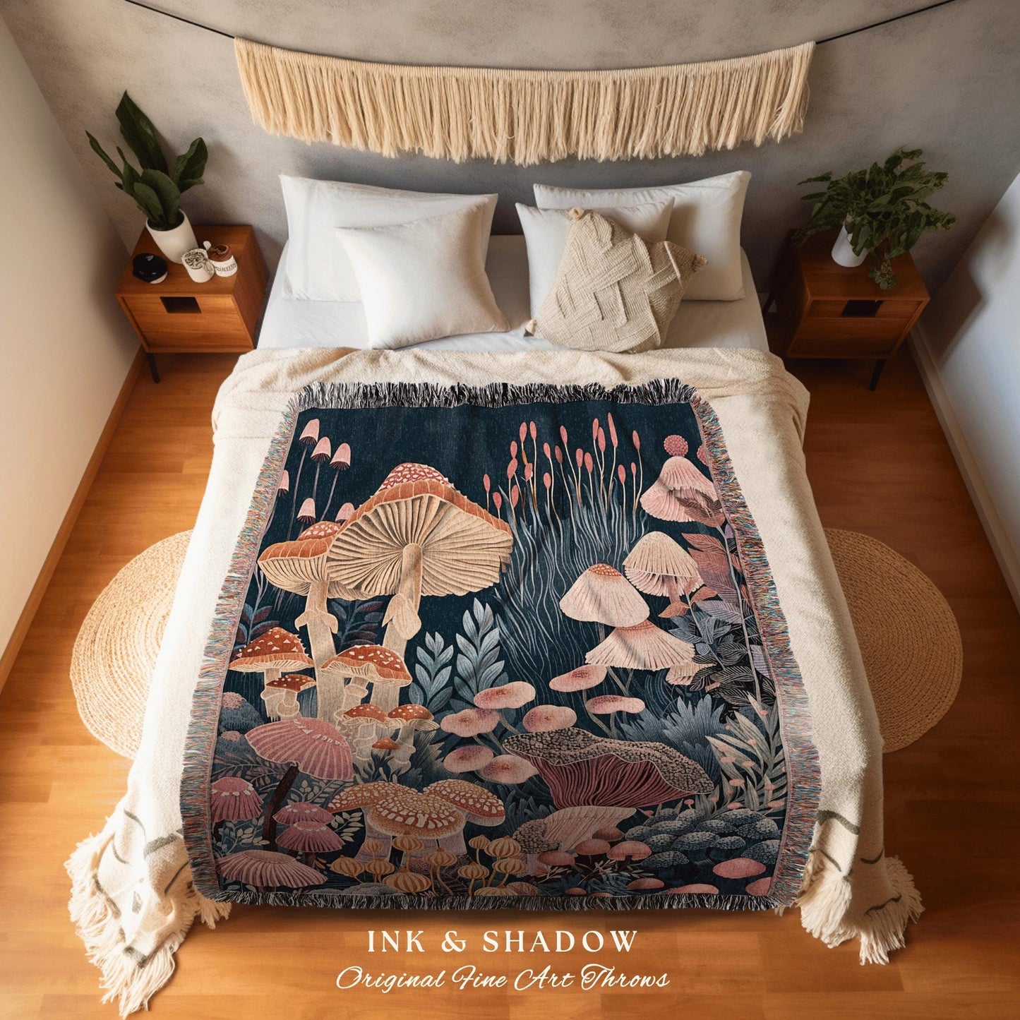 Maximalist Mushroom Blanket | Throw Gift for Mushroom Aesthetic Whimsical Witchy Decor Reading Nook Magical Woodland Toadstool Eclectic |