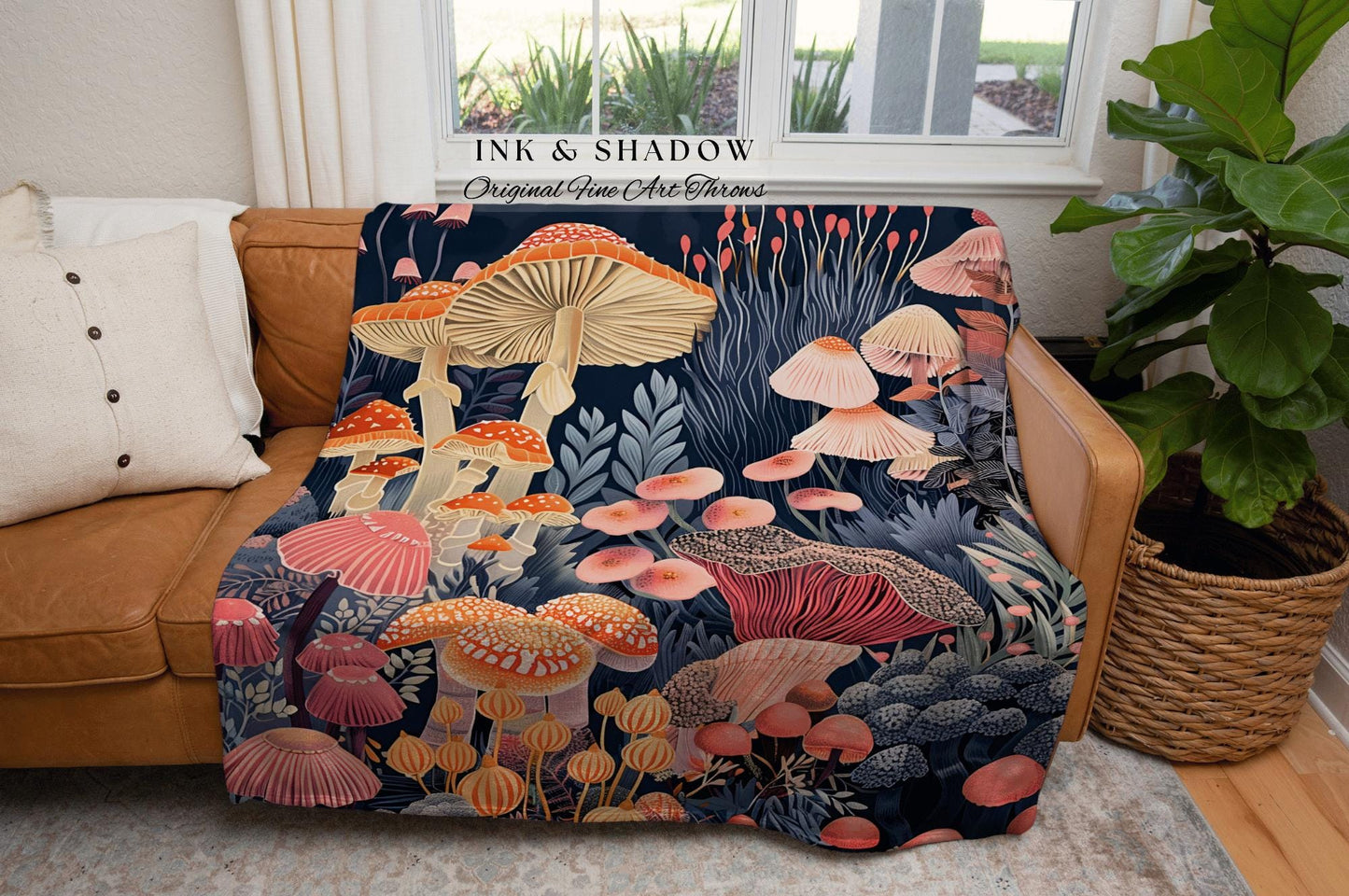 Maximalist Mushroom Blanket | Throw Gift for Mushroom Aesthetic Whimsical Witchy Decor Reading Nook Magical Woodland Toadstool Eclectic |