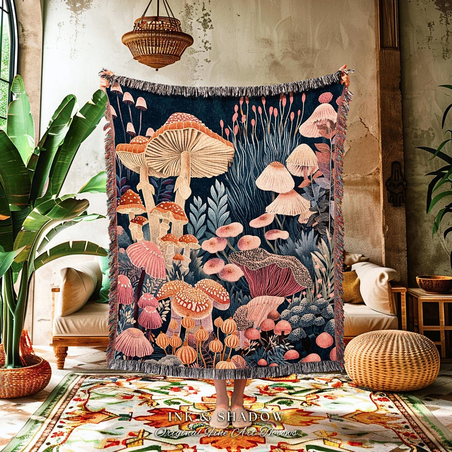 Maximalist Mushroom Blanket | Throw Gift for Mushroom Aesthetic Whimsical Witchy Decor Reading Nook Magical Woodland Toadstool Eclectic |