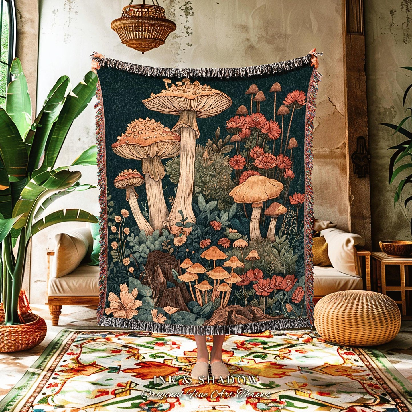 Fairy Aesthetic Woven Blanket | Woven Throw Gift for Mushroom Lover Whimsical Witchy Decor Boho Reading Nook Magical Cottagecore Toadstool |