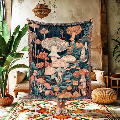 Floral Gothic Woven Blanket | Throw Gift for Mushroom Aesthetic Whimsical Witchy Decor Reading Nook Magical Cottagecore Toadstool Eclectic |