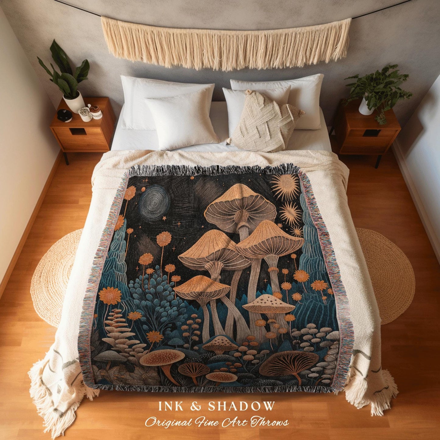 Mystic Mushroom Blanket Woven | Eclectic Throw Gift for Mushroom Lover Whimsical Room Retro Style Reading Nook Aesthetic Toadstool Aesthetic