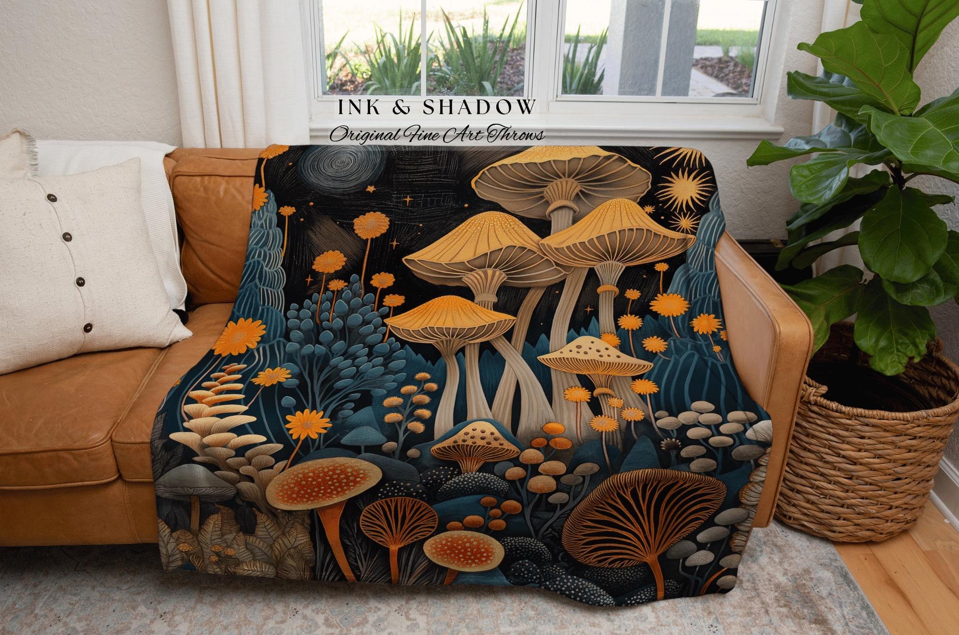 Mystic Mushroom Blanket Woven | Eclectic Throw Gift for Mushroom Lover Whimsical Room Retro Style Reading Nook Aesthetic Toadstool Aesthetic