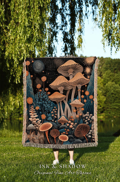 Mystic Mushroom Blanket Woven | Eclectic Throw Gift for Mushroom Lover Whimsical Room Retro Style Reading Nook Aesthetic Toadstool Aesthetic