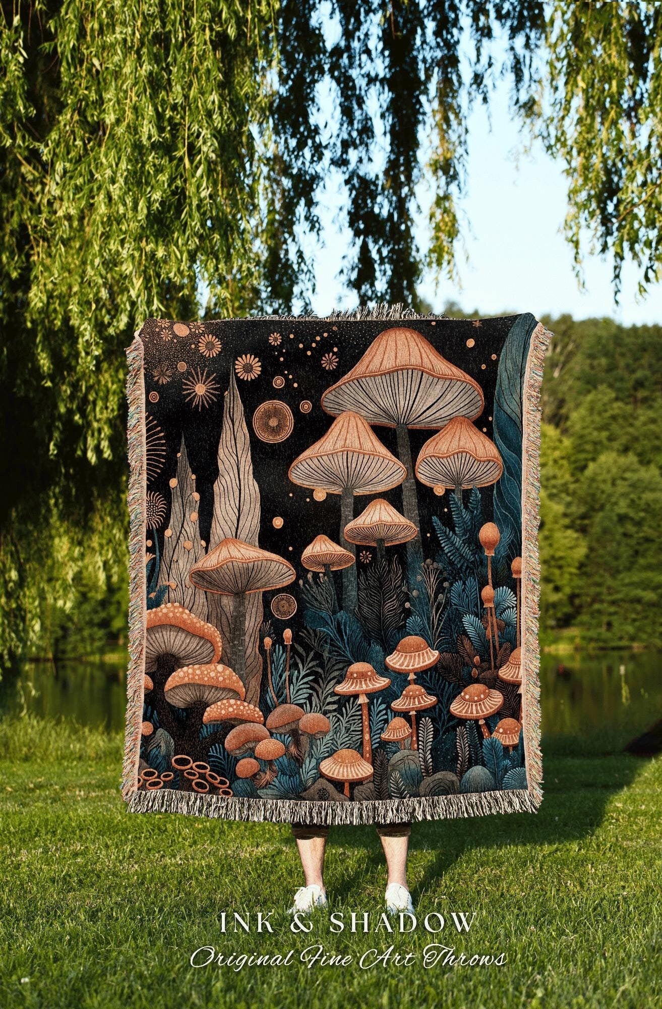 Witchy Mushroom Woven Tapestry | Throw Blanket Gift for Mushroom Aesthetic Whimsical Witchy Decor Reading Nook Magical Woodland Gothic