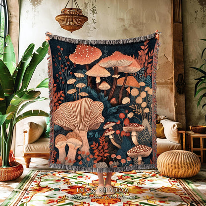 Goblincore Mushroom Blanket | Woven Throw Gift for Mushroom Lover Whimsical Witchy Decor Boho Reading Nook Magical Cottagecore Toadstool Art