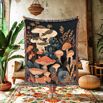 Dark Botanical Mushroom Blanket | Throw Gift for Mushroom Aesthetic Whimsical Witchy Decor Reading Nook Magical Woodland Gothic Eclectic |