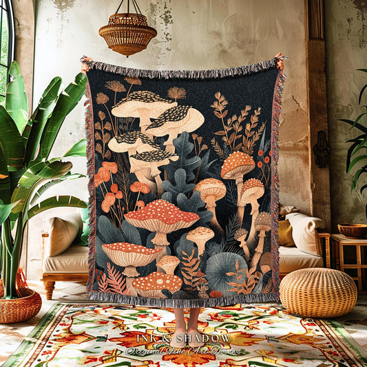 Dark Botanical Mushroom Blanket | Throw Gift for Mushroom Aesthetic Whimsical Witchy Decor Reading Nook Magical Woodland Gothic Eclectic |