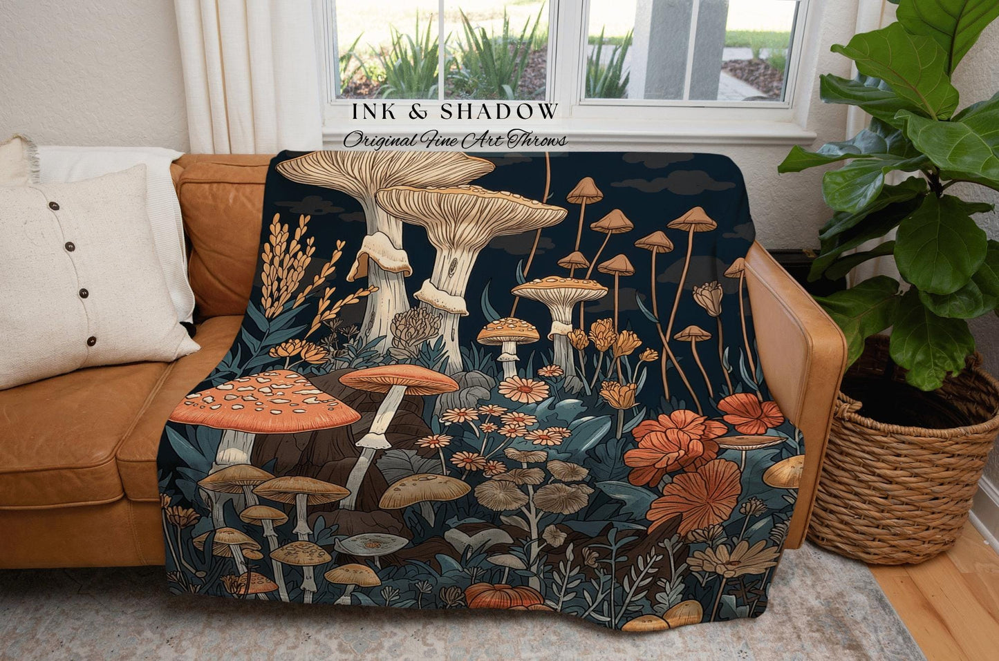 Woven Mushroom Throw Blanket | Eclectic Throw Gift for Mushroom Lover Whimsical Room Retro Style Reading Nook Aesthetic Toadstool Aesthetic