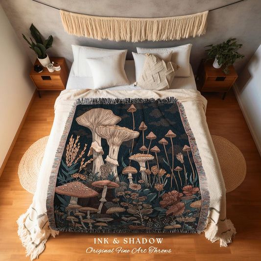 Woven Mushroom Throw Blanket | Eclectic Throw Gift for Mushroom Lover Whimsical Room Retro Style Reading Nook Aesthetic Toadstool Aesthetic