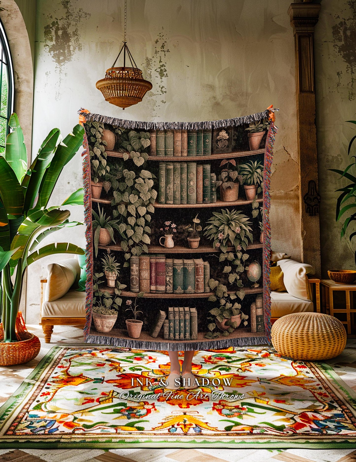 Dark Academia Woven Tapestry Blanket Vintage Library Decor Botanical Cottagecore Bookshelf Throw | Gothic Cottage Cozy Reading Nook Decor