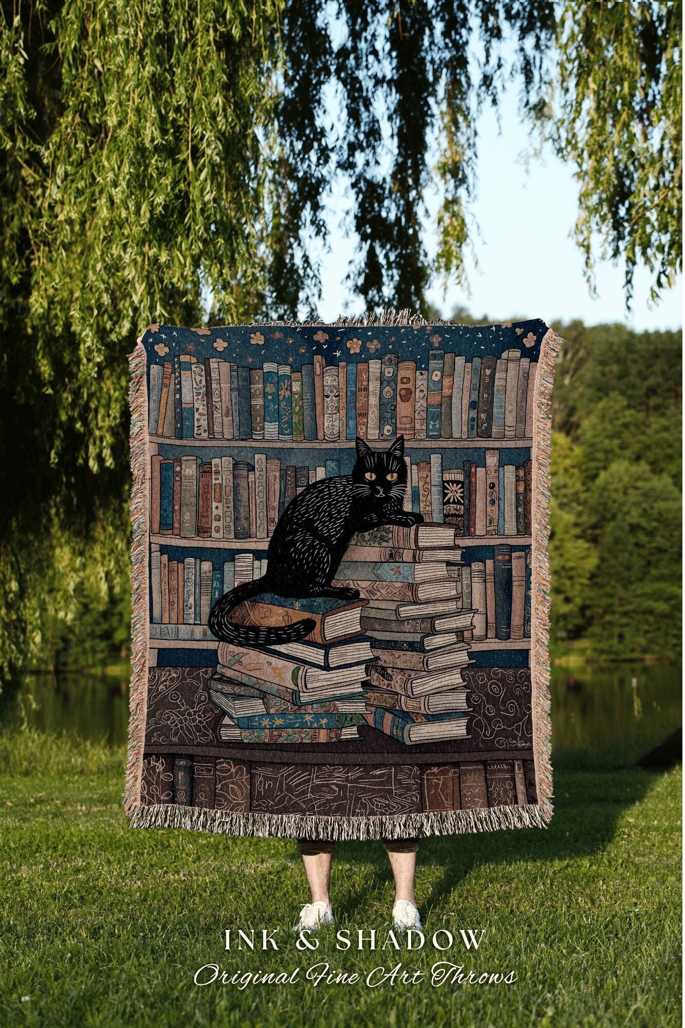 Witchy Cat Library Blanket | Boho Book Lover Bedroom Decor Dark Woodland Crowcore Aesthetic Tapestry Mystical Bookish Gift for Reader |