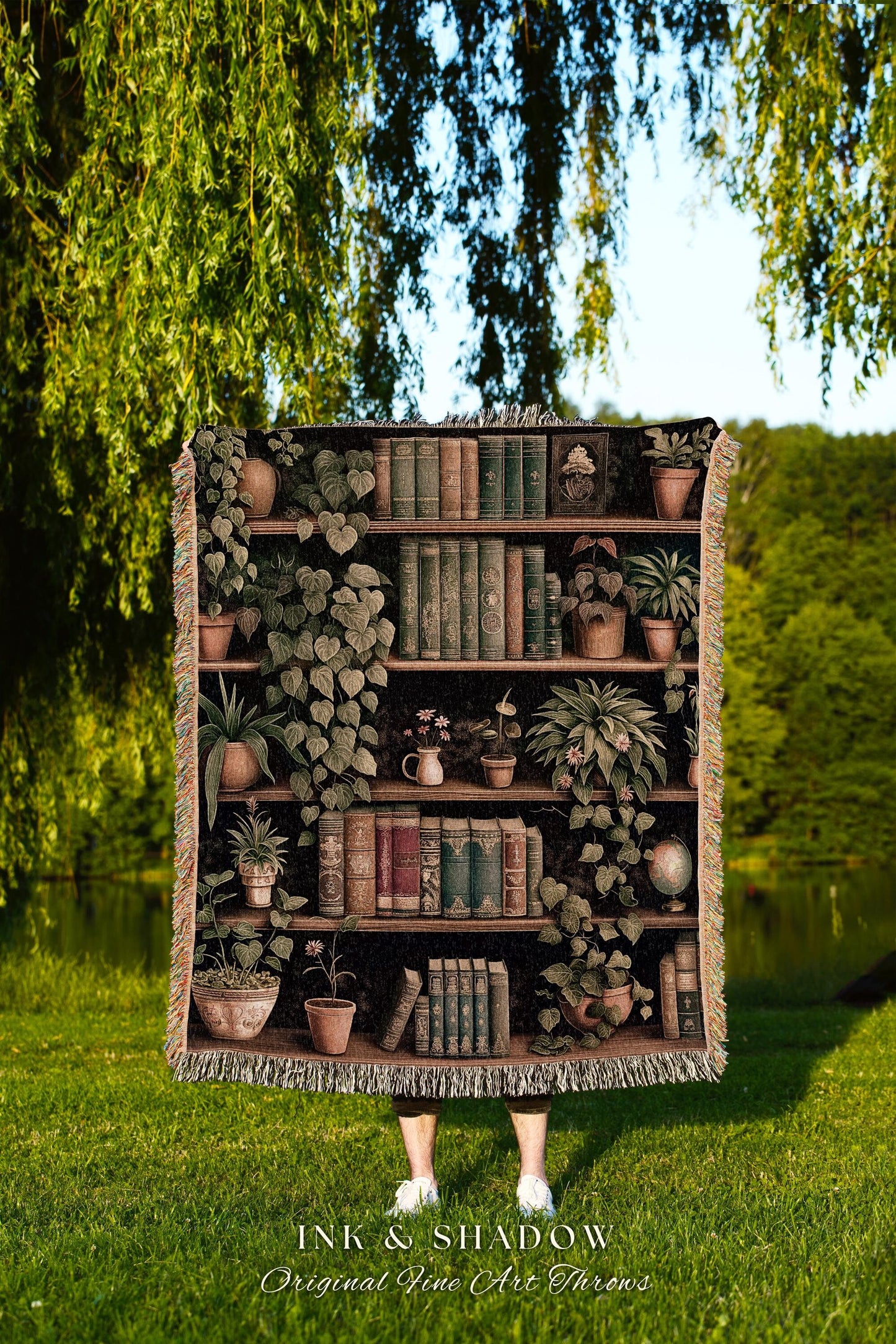 Dark Academia Woven Tapestry Blanket Vintage Library Decor Botanical Cottagecore Bookshelf Throw | Gothic Cottage Cozy Reading Nook Decor