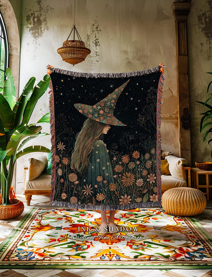 Whimsigothic Witchy Woven Wildflower Throw Celestial Cottagecore Decor | Whimsical Vintage Aesthetic Witch Tapestry Blanket Gothic Fairycore