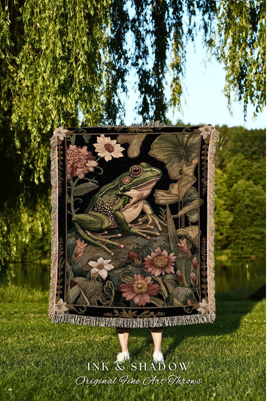 Fairycore Woven Frog Blanket | Ethereal Room Decor Morris Inspired Forest Aesthetic Fairy Grunge Goblincore Bedroom Tapestry Woodland Toad