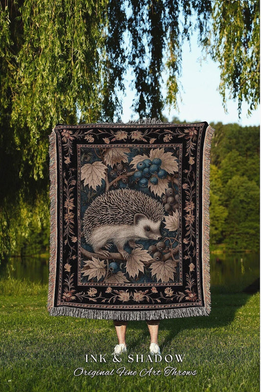 Goblincore Hedgehog Bedroom Blanket | Dark Woodland Blanket Cozy Cottagecore Book Nook Throw Dark Fairycore Room Victorian Hedge Hog Lover |