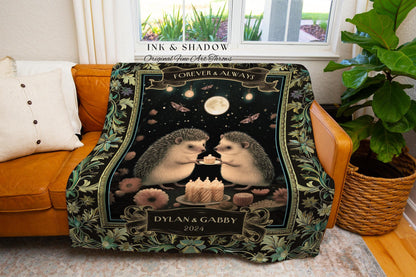 Mystic Forestcore Hedgehog Lovers Anniversary Gift for Couples | Dark Woodand Celestial Wedding Blanket Cozy Personalized Keepsake Gift