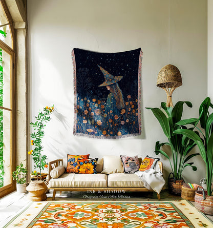 Moody Dark Fairycore Night Witchy Woven Throw Cottagecore Decor | Whimsical Cottagegoth Witch Floral Forestcore Mystic Art Tapestry Blanket
