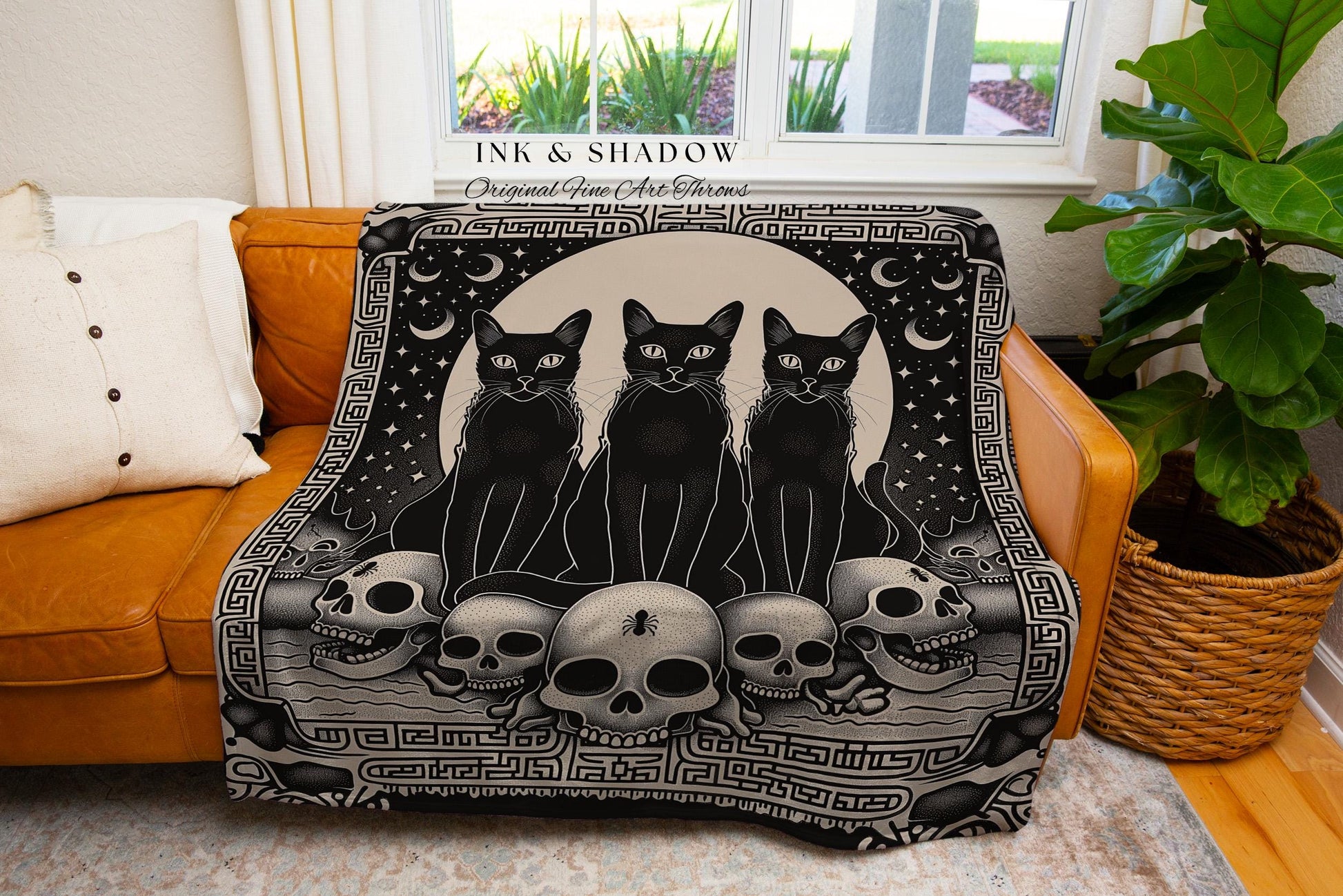 Mystic Black Cats Gothic Tapestry Blanket Dark Academia Skull Throw | Celestial Occult Aesthetic Cat Tapestry Urban Grunge Witchy Wall Art