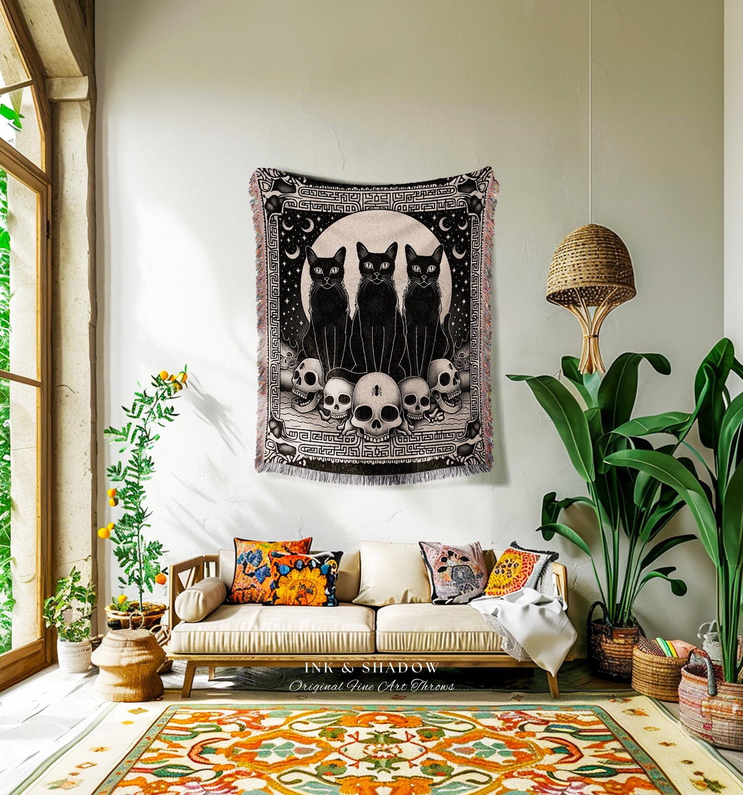 Mystic Black Cats Gothic Tapestry Blanket Dark Academia Skull Throw | Celestial Occult Aesthetic Cat Tapestry Urban Grunge Witchy Wall Art