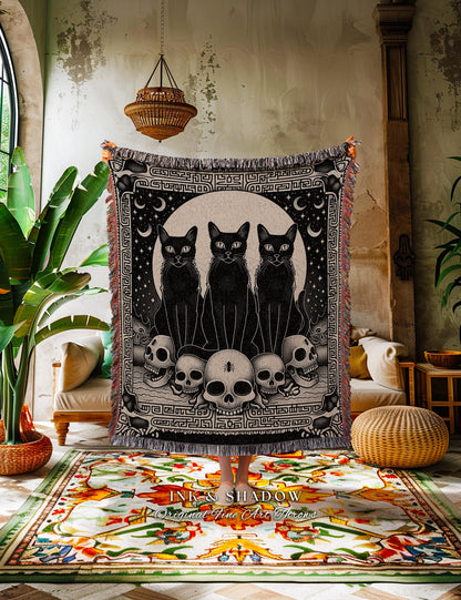 Mystic Black Cats Gothic Tapestry Blanket Dark Academia Skull Throw | Celestial Occult Aesthetic Cat Tapestry Urban Grunge Witchy Wall Art