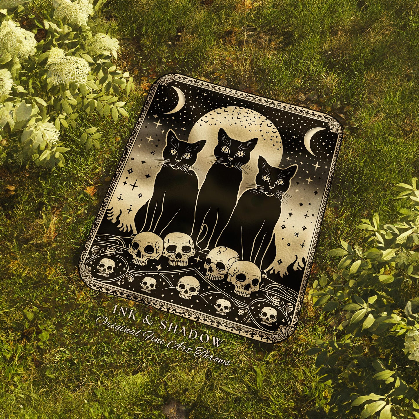 Retro Gothic Cozy Cat Blanket Magic Occult Indie Grunge Tapestry Throw | Black Cat Skull Decor Mystical Blanket Whimsigoth Unique Dorm Decor