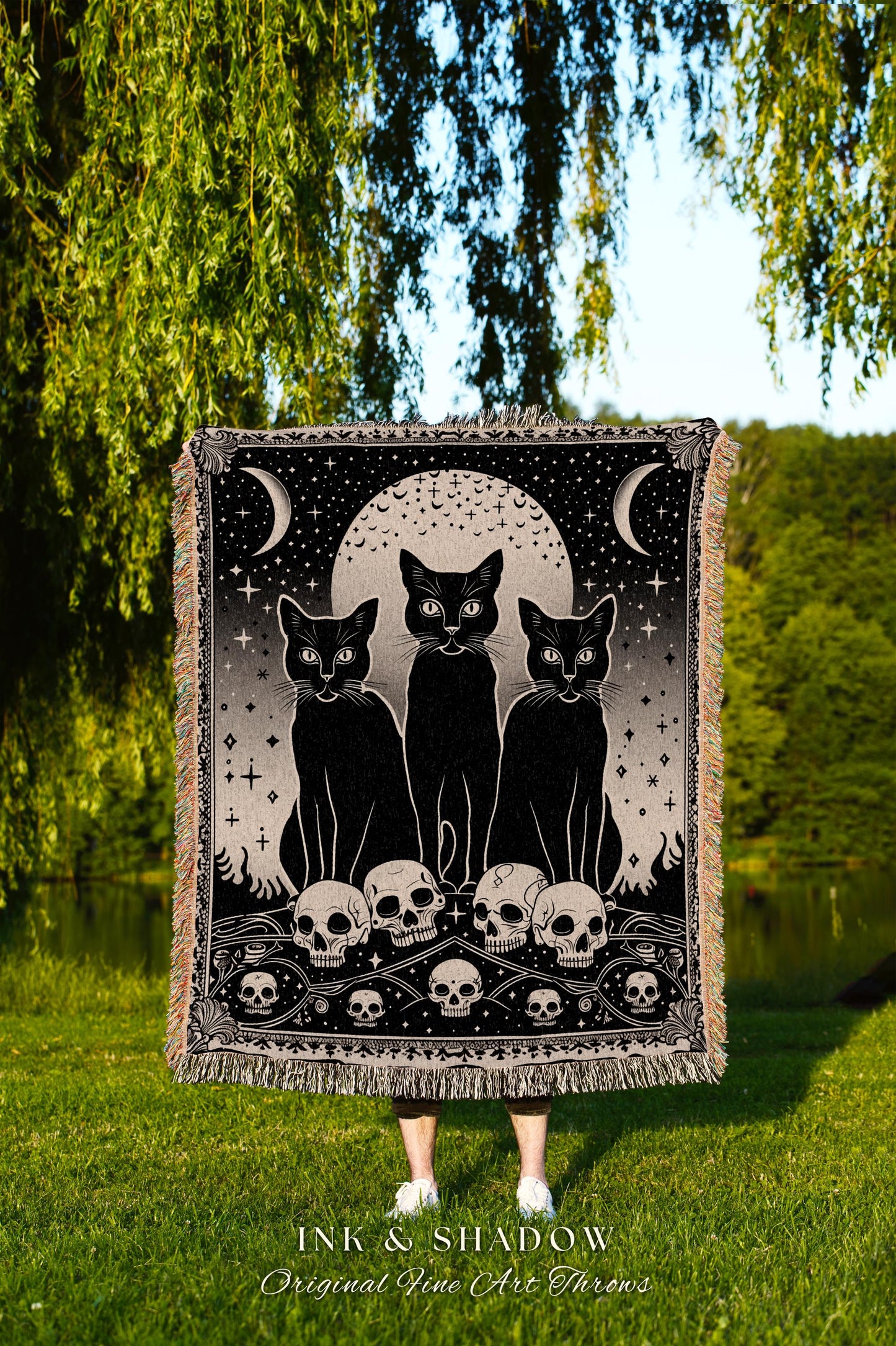 Retro Gothic Cozy Cat Blanket Magic Occult Indie Grunge Tapestry Throw | Black Cat Skull Decor Mystical Blanket Whimsigoth Unique Dorm Decor