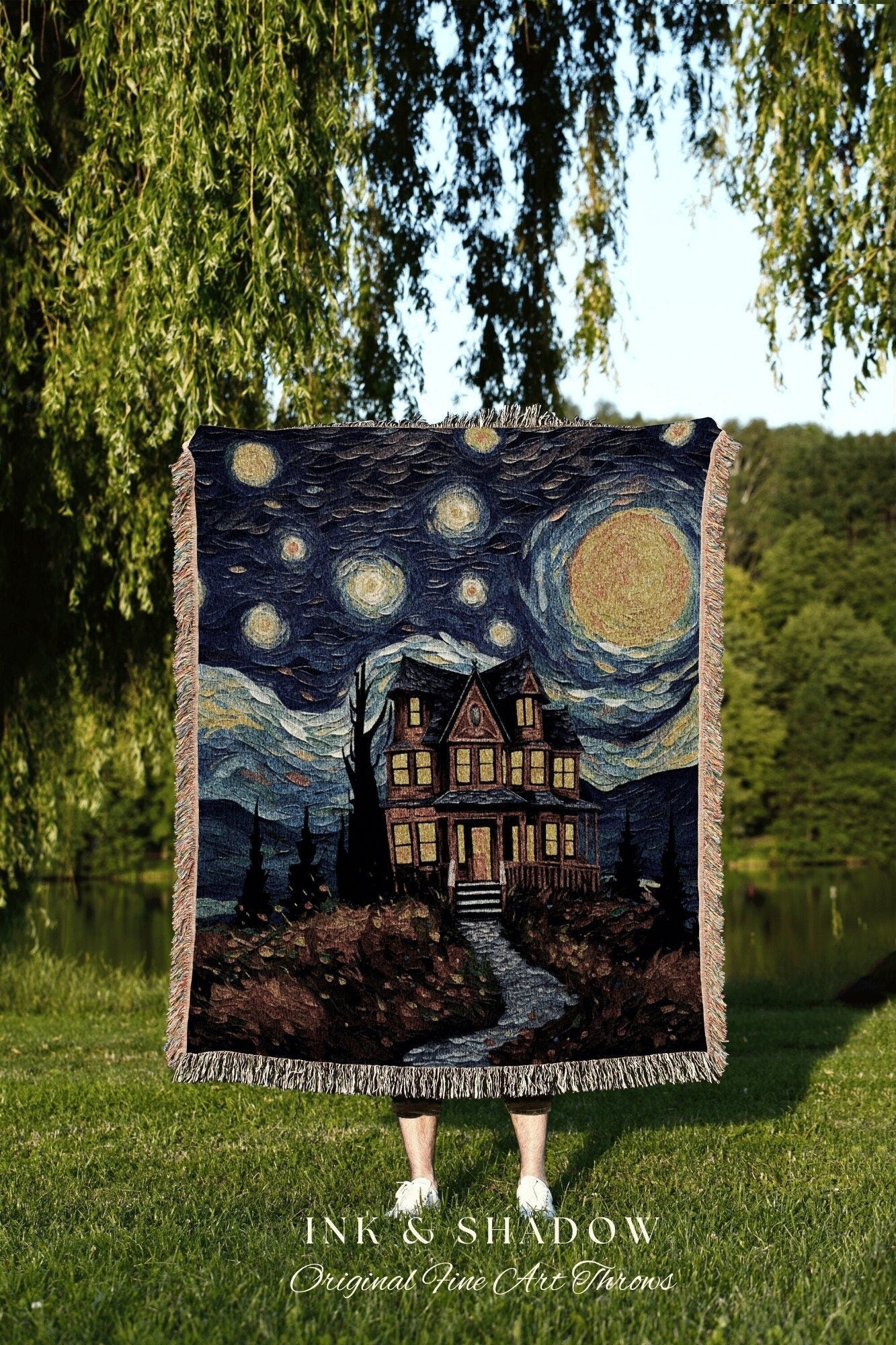 Starry Night Blanket Woven Tapestry Van Gogh Decor | Haunted House Painting Tapestry Woven Blanket Halloween Decor Spooky Landscape Tapestry