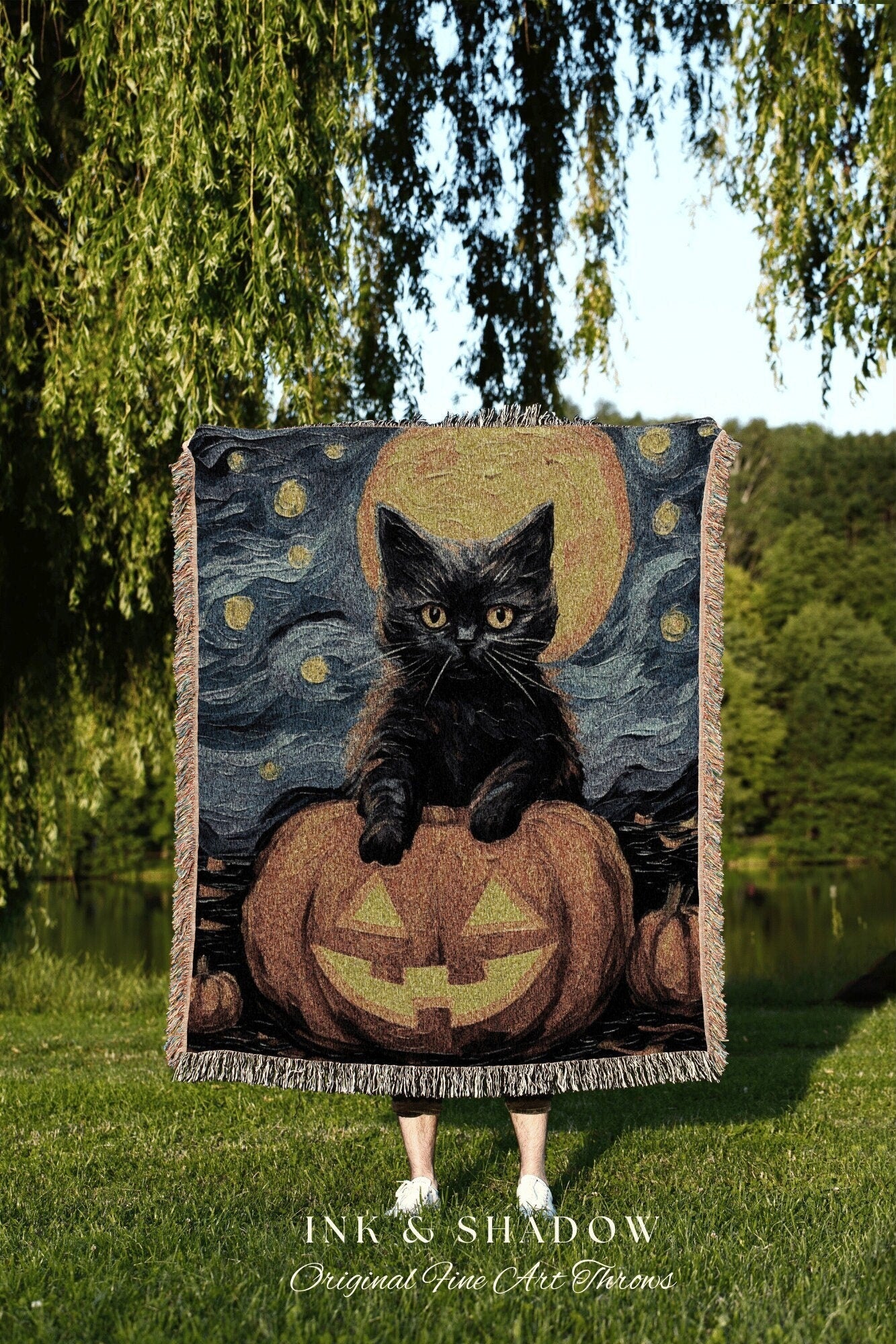 Pumpkin Cat Halloween Blanket Woven Tapestry Van Gogh Decor | Cute Cat Tapestry Woven Blanket Halloween Decor Spooky Halloween Art Tapestry