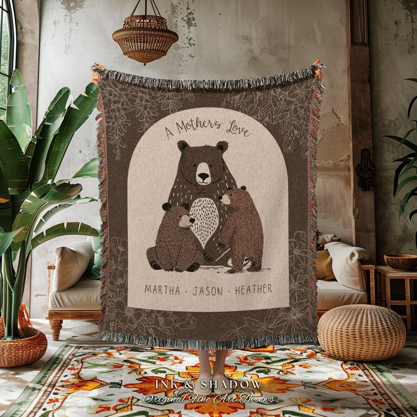 A Mother's Love Personalized Mama Blanket | Meaningful Gift from Kids Custom Mama Bear Cubs Cottagecore Grandchildren Names Tapestry Woven |