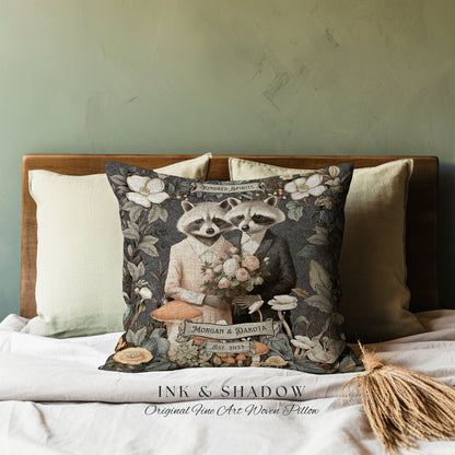 Raccoon Couple Pillow Custom Gift | Woodland Decor Custom Dating Anniversary Meaningful Couple Gift Housewarming Pillow Woven Custom Couple