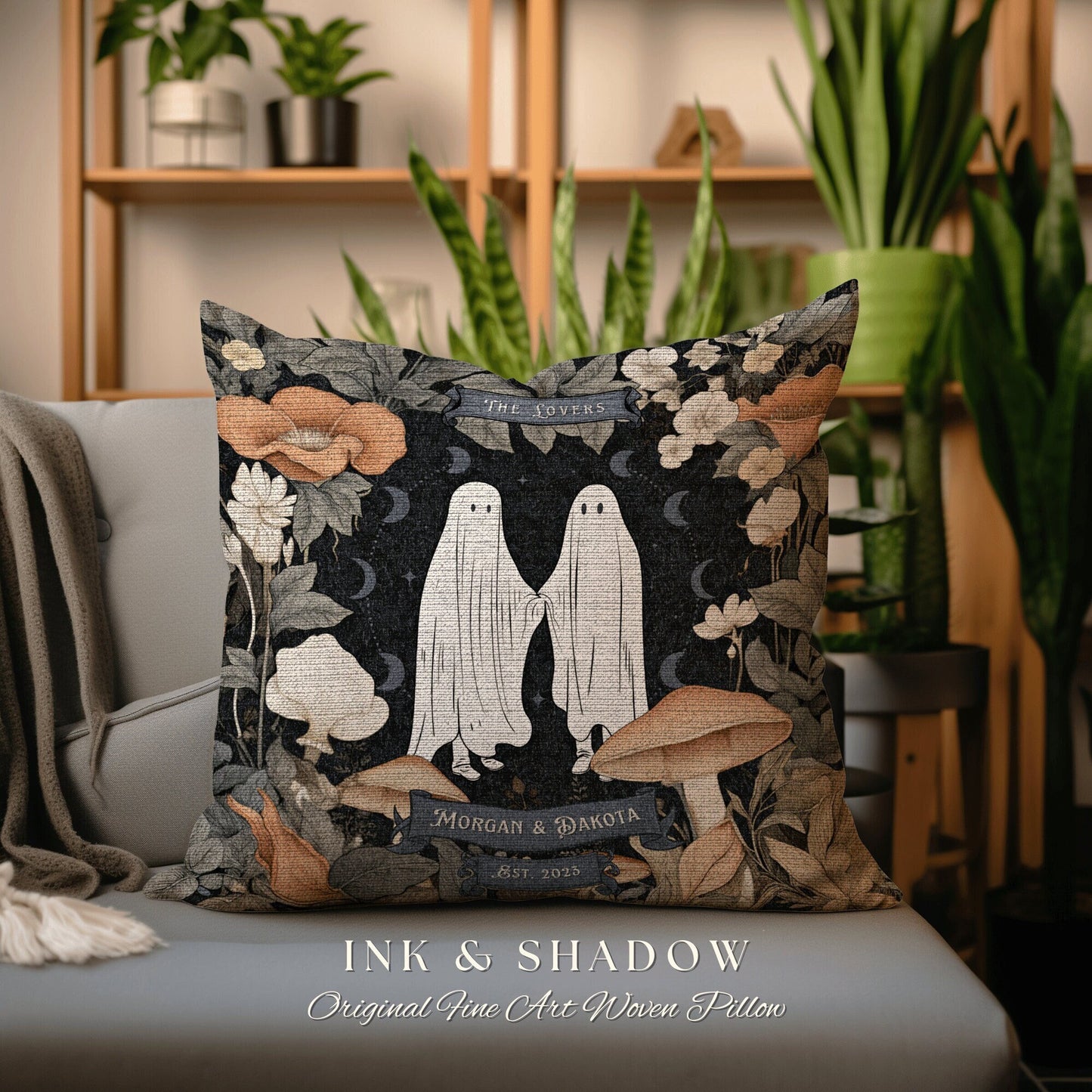 The Lovers Ghost Couple Throw Pillow | Woodland Decor Custom Anniversary Meaningful Wedding Gift for Couple Housewarming Gift Unique Couple