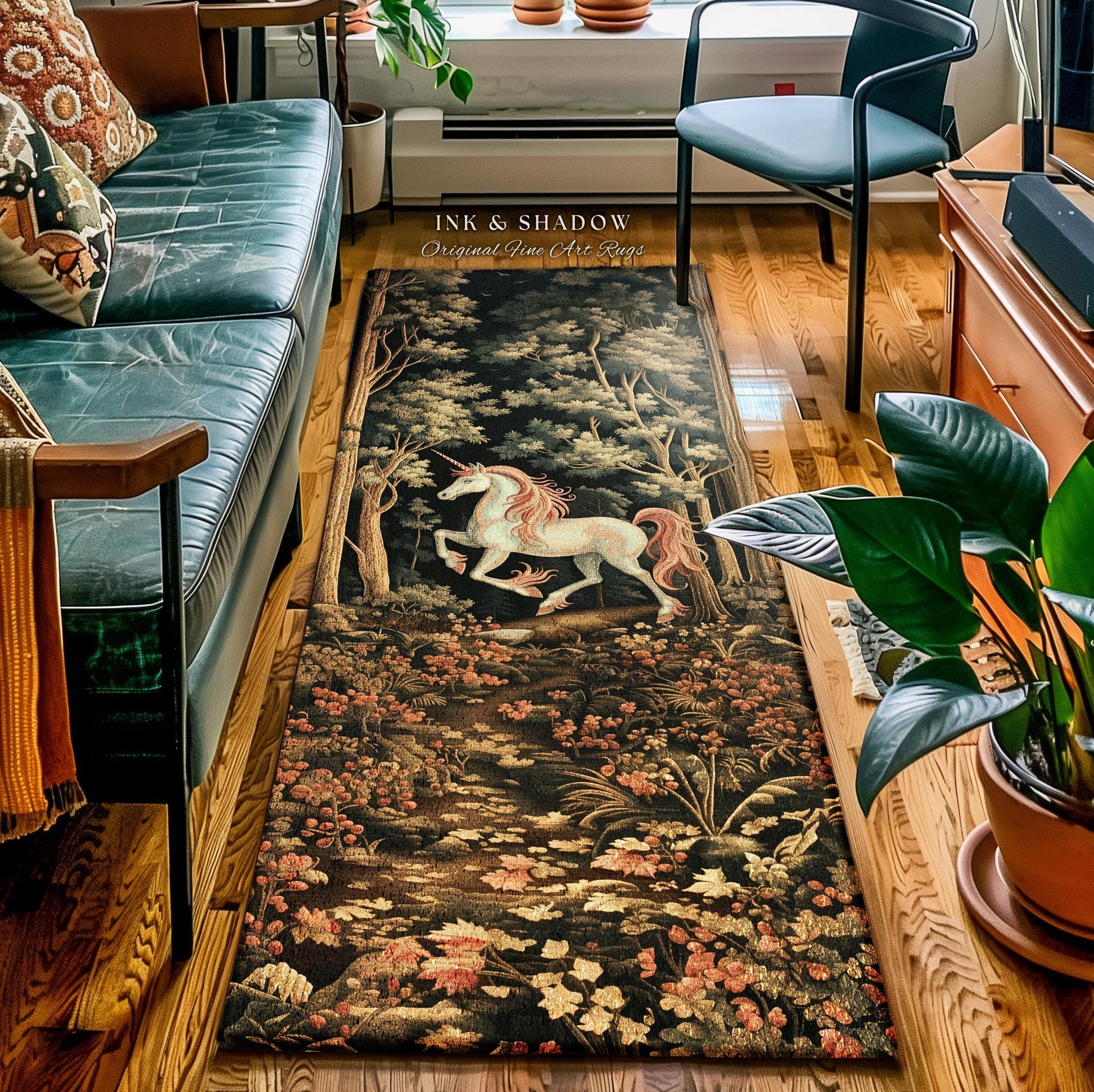 Medieval Unicorn Rug Woodland Aesthetic Enchanted Forest Decor | Whimsical Cottagecore Fantasy Art Mystic Forestcore Vintage Gothic Runner