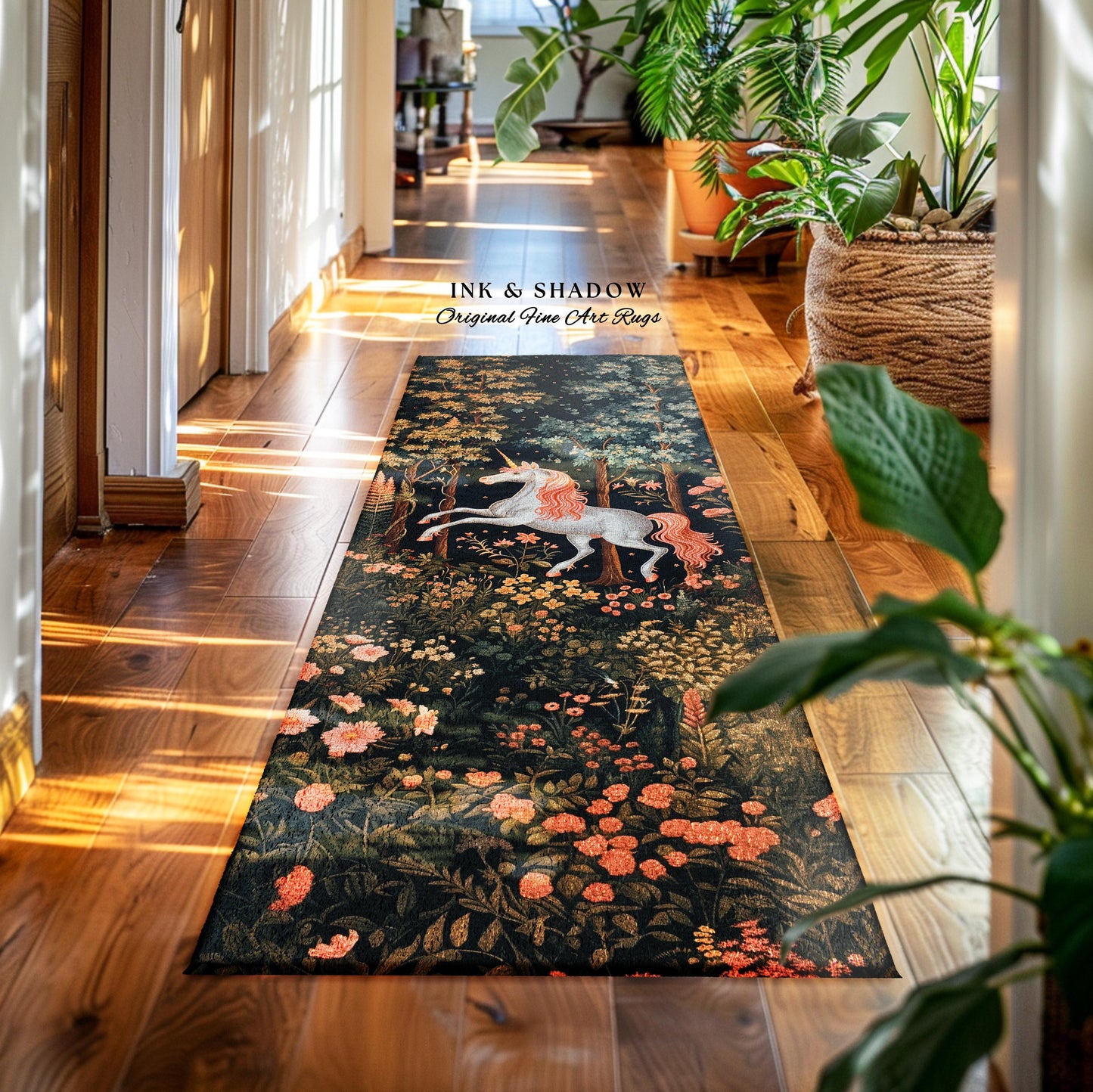 Whimsical Floral Unicorn Runner Rug Woodland Magical Folklore Aesthetic | Mythical Creatures Enchanted Forest Boho Dark Cottagecore Decor