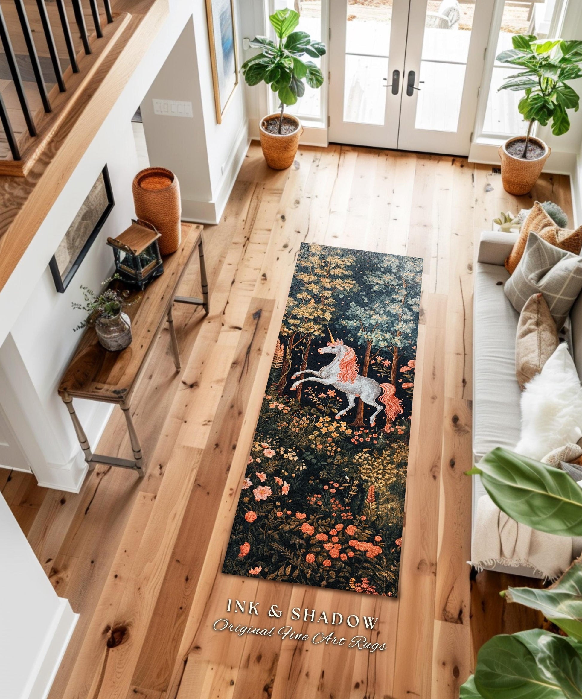 Whimsical Floral Unicorn Runner Rug Woodland Magical Folklore Aesthetic | Mythical Creatures Enchanted Forest Boho Dark Cottagecore Decor