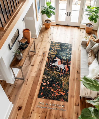 Mystical Woodland Unicorn Rug Whimsical Fairycore Decor | Romantic Baroque Aesthetic Enchanted Forest Renaissance Design Medieval Gothic Rug