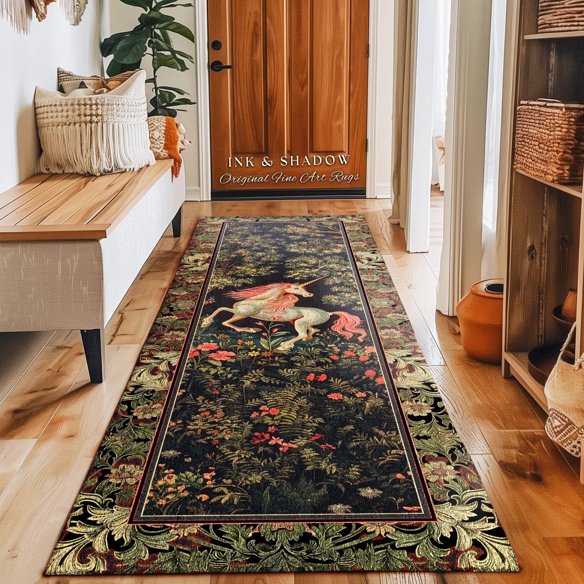 Whimsical Enchanted Unicorn Runner Rug Victorian Gothic Dark Cottagecore Decor, Renaissance Folklore Accent Baroque Fairytale Aesthetic Home