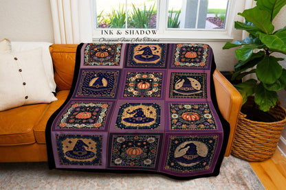 Boho Purple Witch Hat Pumpkin Blanket Cozy Gothic Fall Throw | Witchy Cottagecore Decor Spooky Season Halloween Aesthetic Tapestry Blanket